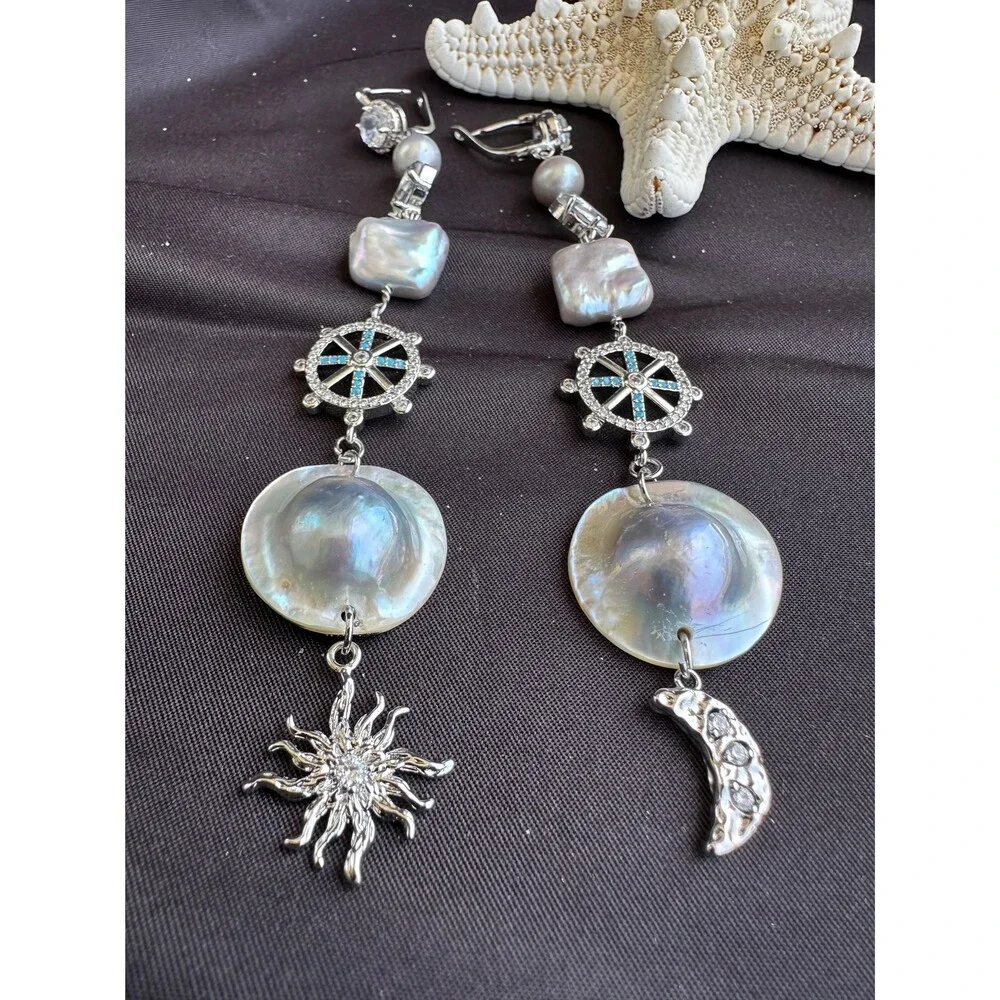 Extra Long Mabe Pearl Statement Earrings, Sea Gray Square & Round Pearls, Crysta